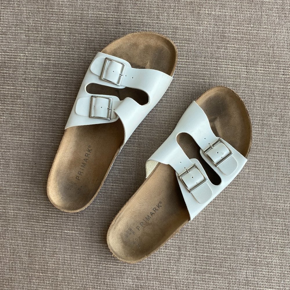Women's Slide Sandals Cork Footbed Double Buckle White